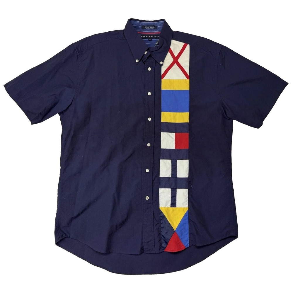 VTG 90s Tommy Hilfiger Sailing Gear Nautical Signal Flag Nylon Shirt Men Large